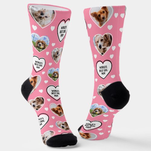 DOG MOM Custom 4 Pet Cat Dog Heart Photo Pink Socks