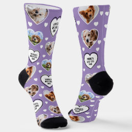 DOG MOM Custom 4 Pet Cat Dog Heart Photo Purple Socks