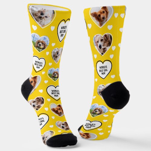 DOG MOM Custom 4 Pet Cat Dog Heart Photo Yellow Socks