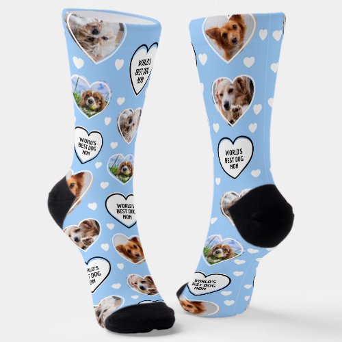 DOG MOM Custom 4 Pet Dog Heart Photo Light Blue Socks