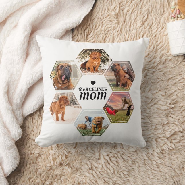 Dog Mom Custom Pet Hexagon Photo Collage with Name Throw Pillow (Blanket)