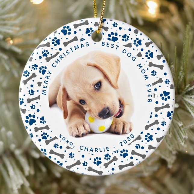 DOG MOM Custom Pet Photo Paw Prints Christmas  Ceramic Ornament (Creator Uploaded)