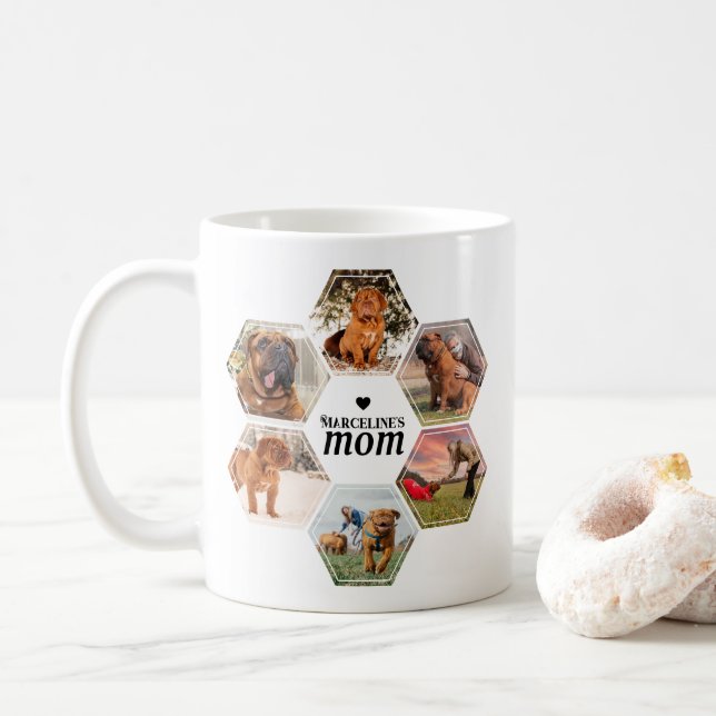 Dog Mom Custom Photo Collage with Name Black White Coffee Mug (With Donut)