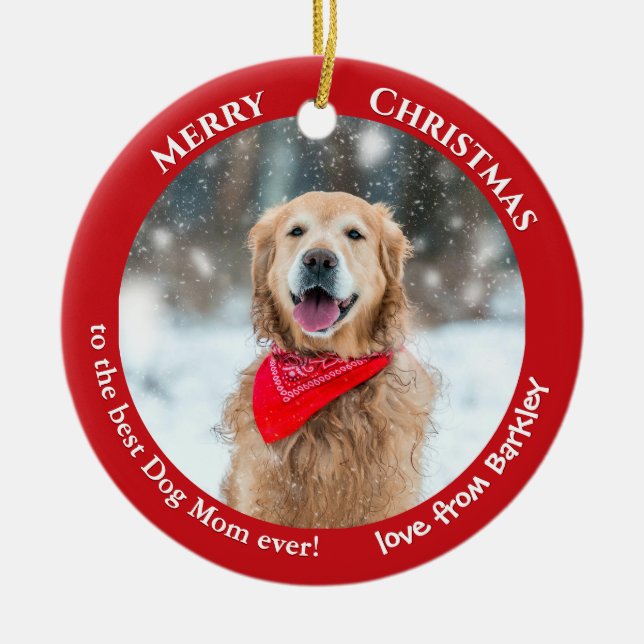 Dog Mom Custom Photo Red Christmas Ceramic Ornament (Front)