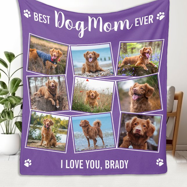 DOG MOM Customized Purple Pet Photo Collage Fleece Blanket (Creator Uploaded)