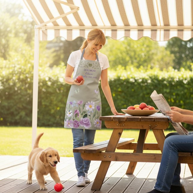 Dog Mom Elegant Floral Sage Personalized Apron (Creator Uploaded)