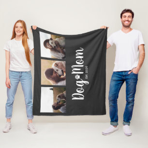 Dog Mom Established Elegant Script Black 3 Photo Fleece Blanket