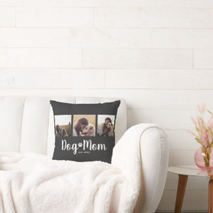Dog Mom Established Elegant Script Black 3 Photo Throw Pillow