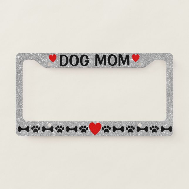 Dog Mom Glitter Paw Heart License Plate Frame (Front)