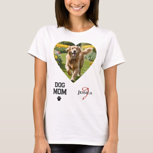 Dog Mom Heart Shaped Photos Monogram Paw Print T-Shirt (Front)