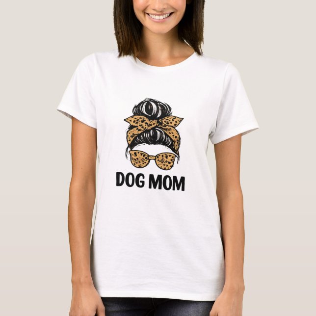 Dog Mom Leopard Messy Bun Design T-Shirt (Front)