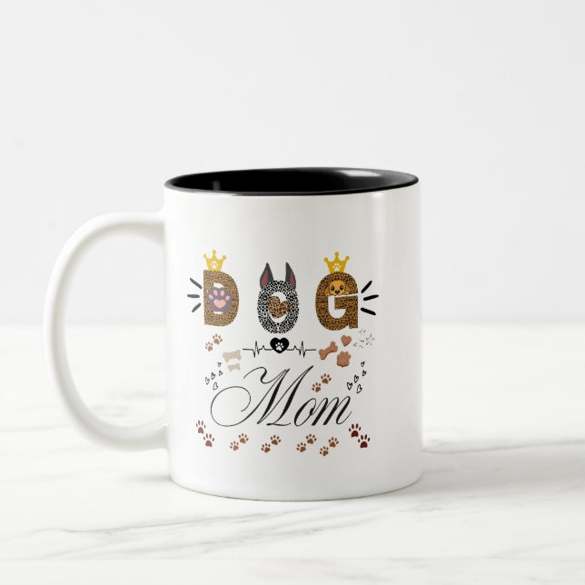 Dog Mom Leopard Print Paw Design/Leopard Dog Mom Two-Tone Coffee Mug (Left)