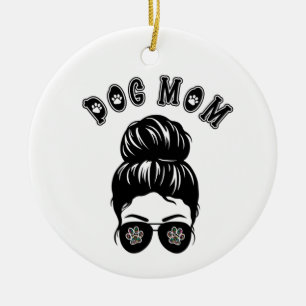 Dog Mom Messy Bun Black & White Art Ceramic Ornament