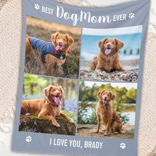 DOG MOM Modern Personalized 4 Photo Collage Fleece Blanket