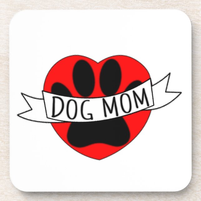 Dog Mom Paw And Red Heart Drawing Beverage Coaster (Front)