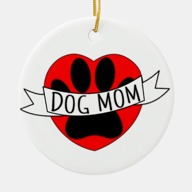 Dog Mom Paw And Red Heart Drawing Ceramic Ornament (Front)