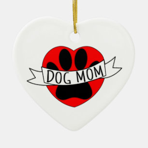 Dog Mom Paw And Red Heart Drawing Ceramic Ornament