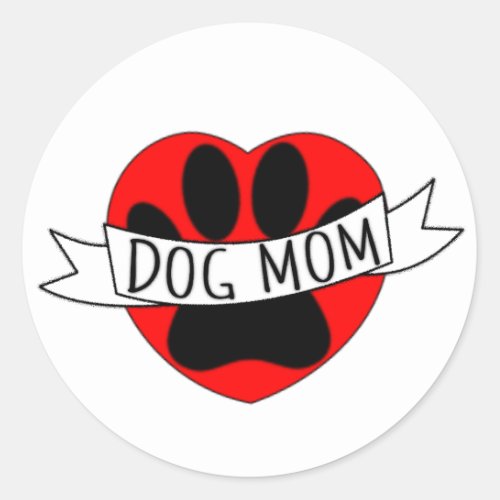 Dog Mom Paw And Red Heart Drawing Classic Round Sticker