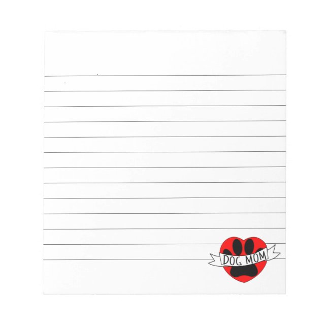 Dog Mom Paw And Red Heart Drawing Lined Notepad (Front)