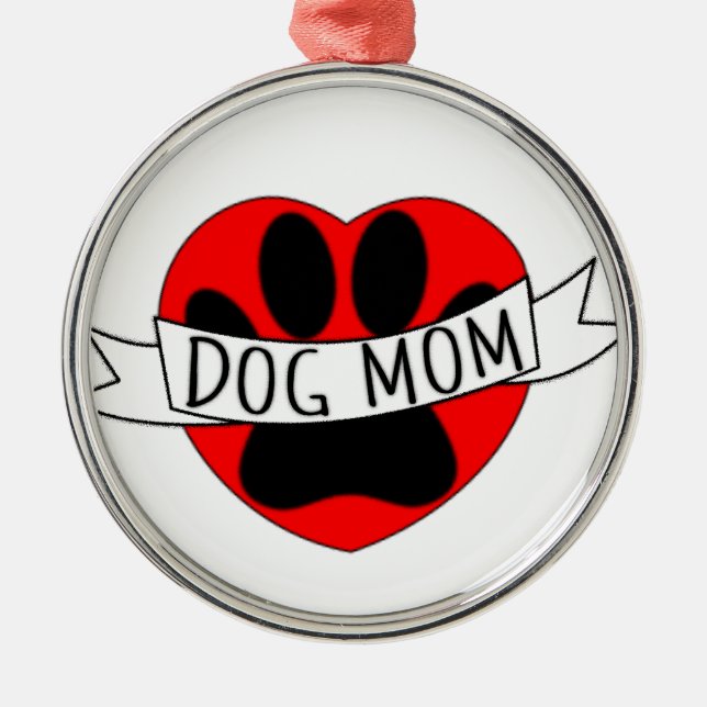 Dog Mom Paw And Red Heart Drawing Metal Ornament (Front)
