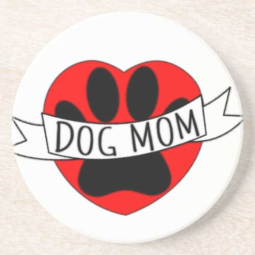Dog Mom Paw And Red Heart Drawing Sandstone Coaster