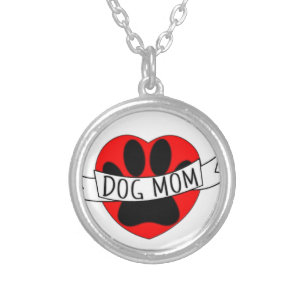 Dog Mom Paw And Red Heart Drawing Silver Plated Necklace