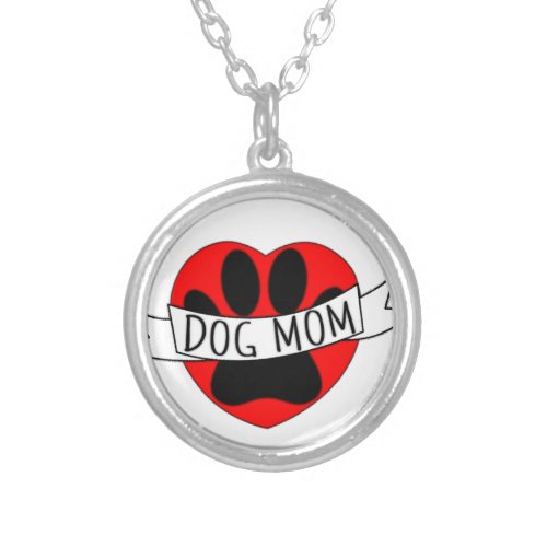 Dog Mom Paw And Red Heart Drawing Silver Plated Necklace