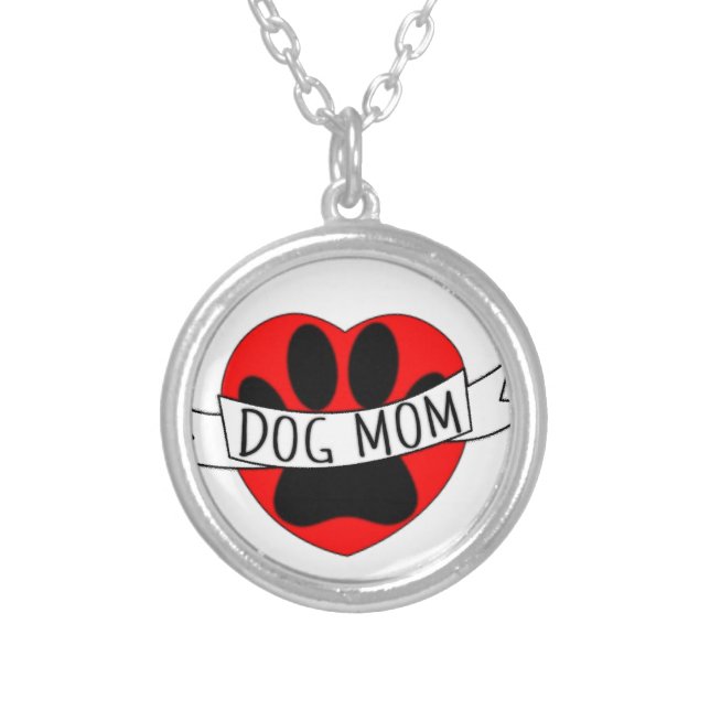 Dog Mom Paw And Red Heart Drawing Silver Plated Necklace (Front)
