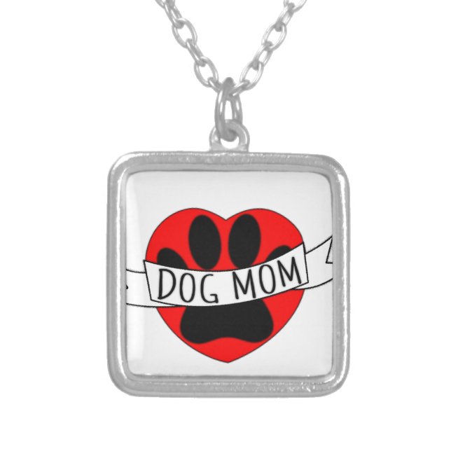 Dog Mom Paw And Red Heart Drawing Silver Plated Necklace (Front)