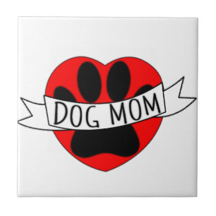 Dog Mom Paw And Red Heart Drawing Tile