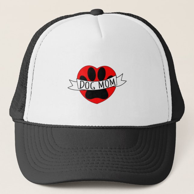 Dog Mom Paw And Red Heart Drawing Trucker Hat (Front)
