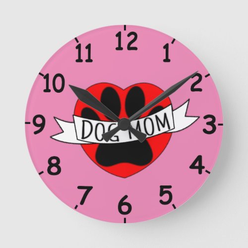 Dog Mom Paw And Red Heart Drawing With Numbers Round Clock