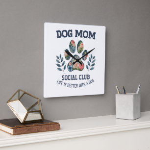 Dog Mom Paw Floral Square Wall Clock