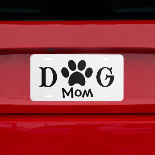 Dog Mom Paw Print Black White Typography Modern  License Plate