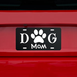 Dog Mom Paw Print Black White Typography Modern  License Plate