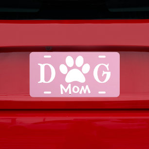Dog Mom Paw Print White Typography Modern License Plate