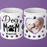 Dog Mom Paws Purple Heart Personalized Photo Coffee Mug<br><div class="desc">Show off your love for your furry best friend with this custom Dog Mom coffee mug. Featuring a stylish "Dog Mom" design with paw prints and purple hearts, this mug is fully customizable with your pet's name and a cherished photo on the back. Perfect for every dog mom who adores...</div>