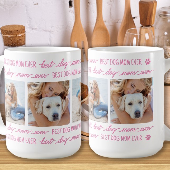 DOG MOM Personalized 4 Photo Collage Trendy Pink Coffee Mug (Creator Uploaded)