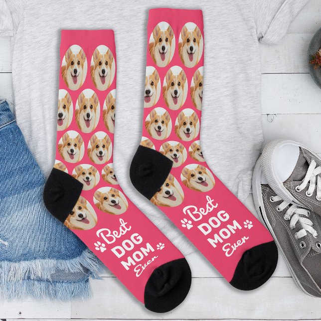 DOG MOM Personalized Chic Pink Pattern Pet Photo Socks (Creator Uploaded)