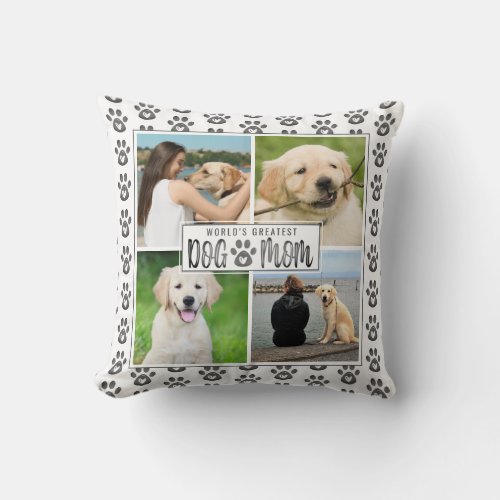 Dog Mom Photo Collage Paw Print Heart Pattern Gray Throw Pillow