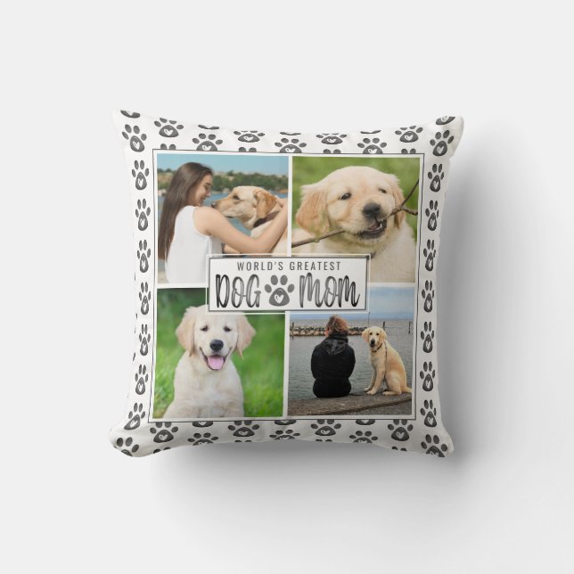 Dog Mom Photo Collage Paw Print Heart Pattern Gray Throw Pillow (Front)