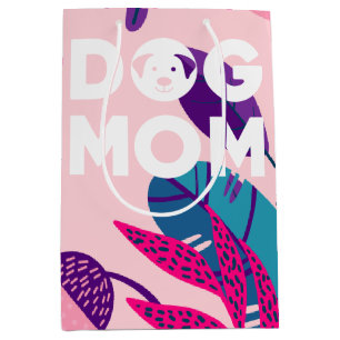 Dog Mom, Pink Flowers & Leaves Medium Gift Bag