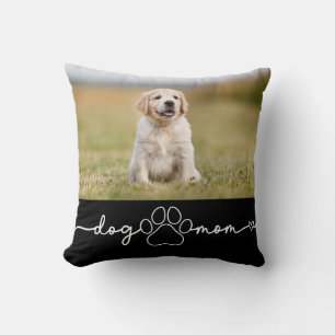 Dog Mom Puppy Paw Script Photo Throw Pillow