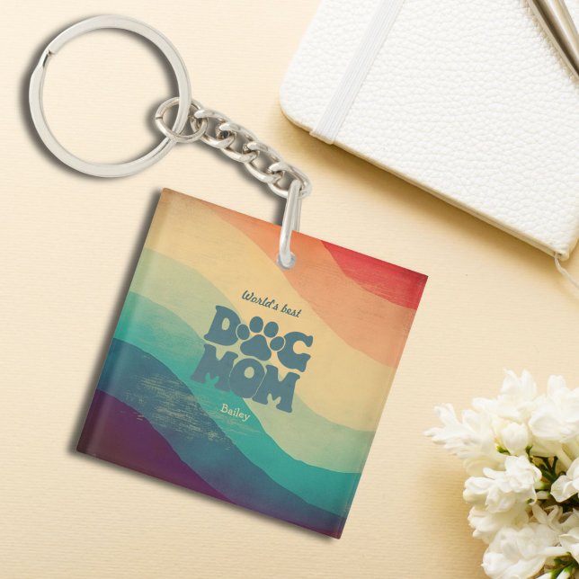 Dog Mom Retro Groovy Personalized Keychain (Creator Uploaded)