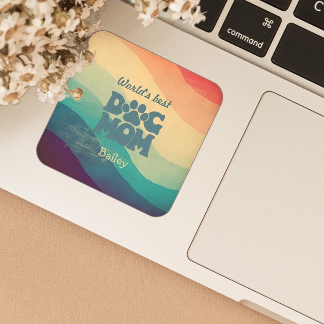 Dog Mom Retro Groovy Personalized Square Sticker (Creator Uploaded)