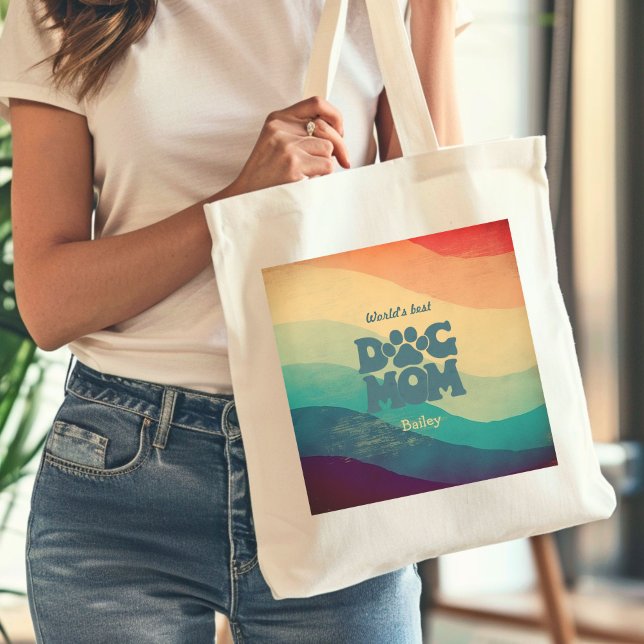 Dog Mom Retro Groovy Rainbow Tote Bag (Creator Uploaded)