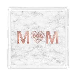 Dog Mom Rose Gold Glitter Paw Prints Heart Marble Acrylic Tray