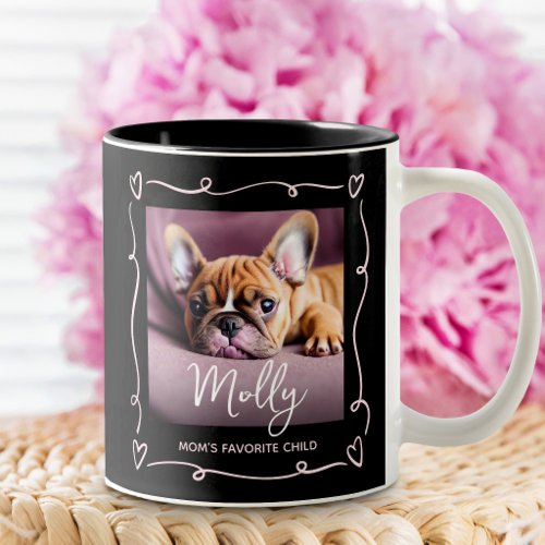 Dog Mom’s Favorite Child Photo Heart Doodles Black Two-Tone Coffee Mug