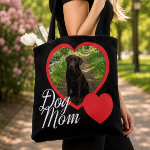 Dog Mom Script Red Heart Photo Black Tote Bag
