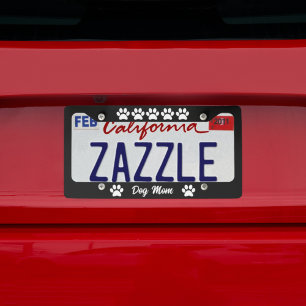 Dog Mom Script Typography Paw Prints Black White License Plate Frame